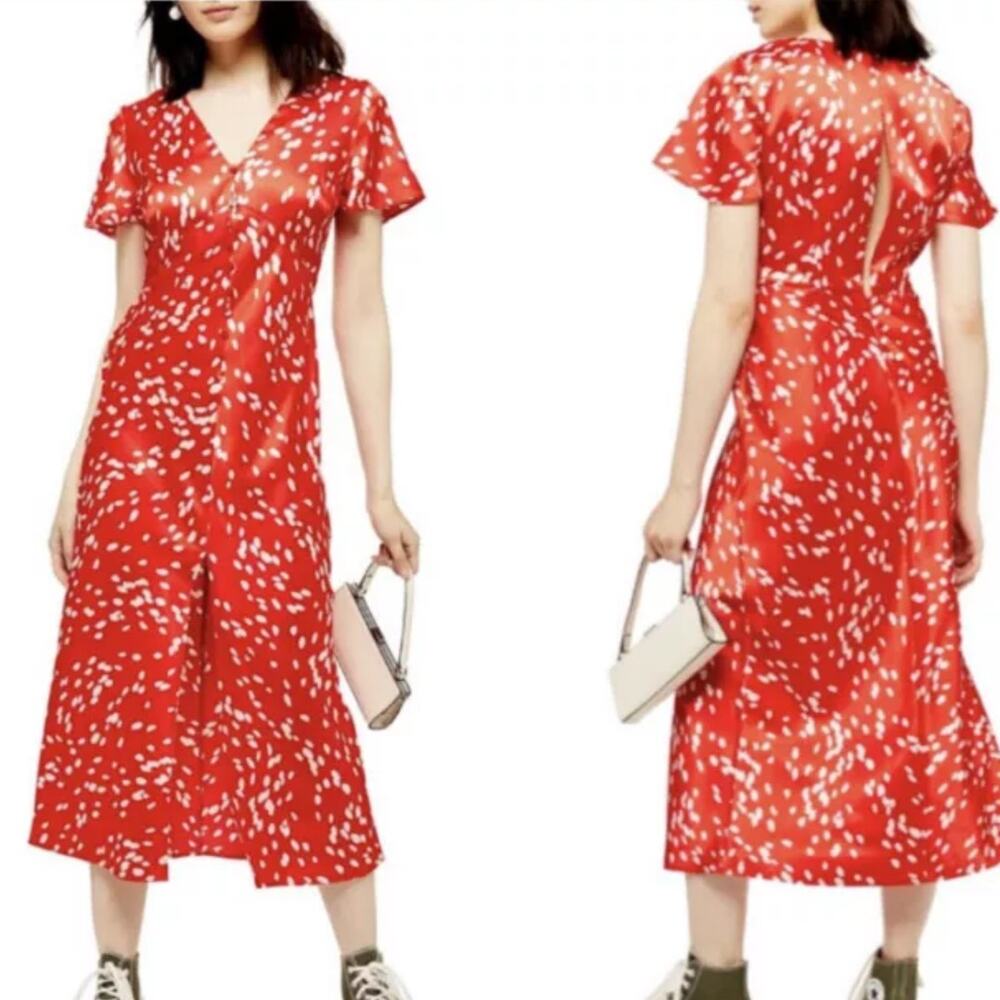 NWT $95 TOPSHOP Retro Red Satin Polkadot Keyhole Back Button Front Midi Dress 6